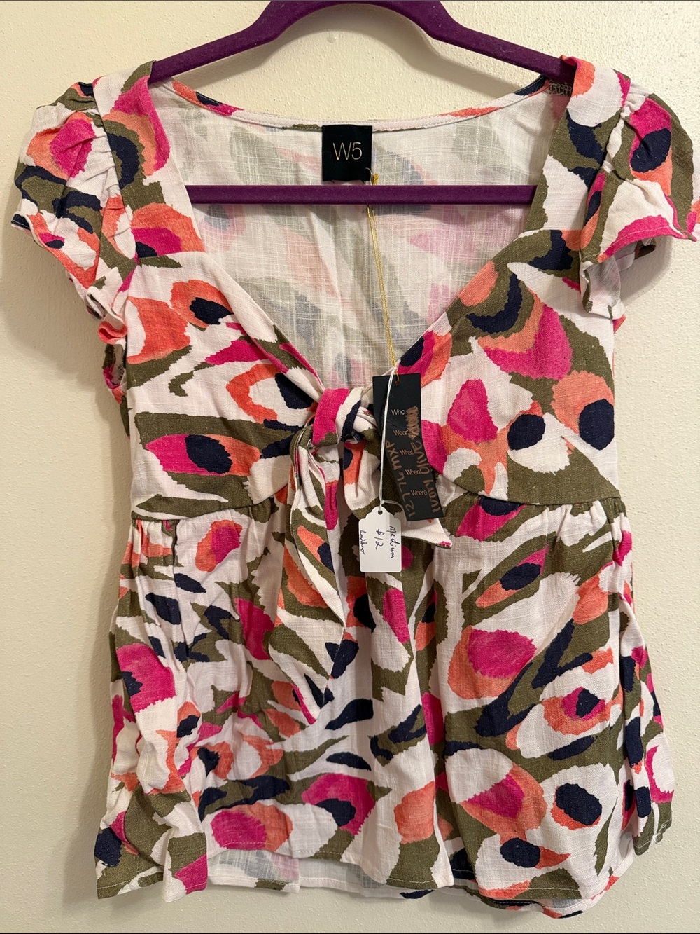 W5 Floral Tie-Front Top in White, Pink & Olive
